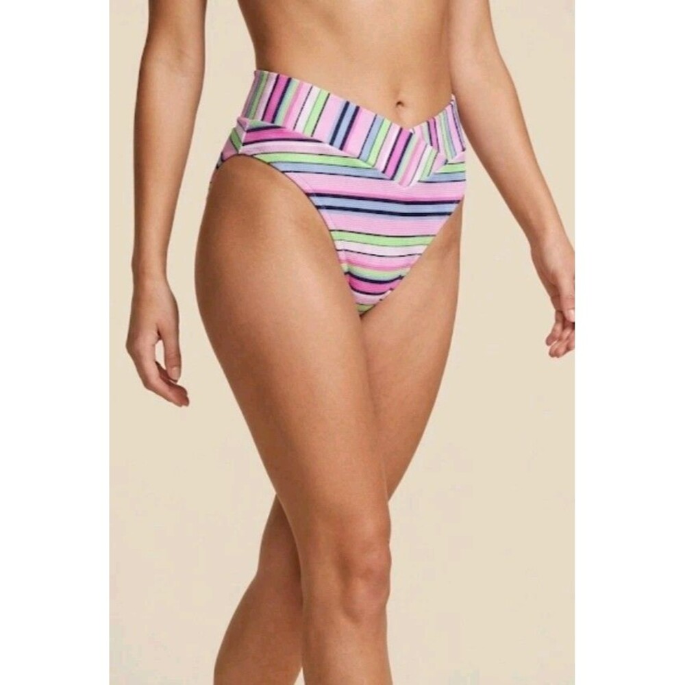 NWT Aerie Pink Striped High Waisted Hi Cut Crossover Cheeky Bikini Bottom XXL